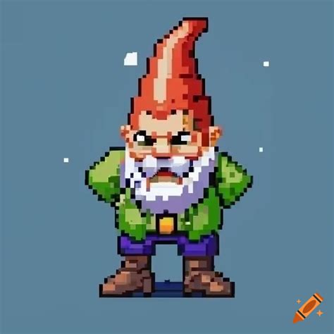 Pixel art of a garden gnome in battle stance