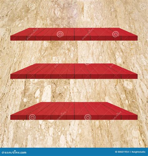 3 Red Wood Shelves Table on Marble Wall Stock Photo - Image of object, studio: 88601954