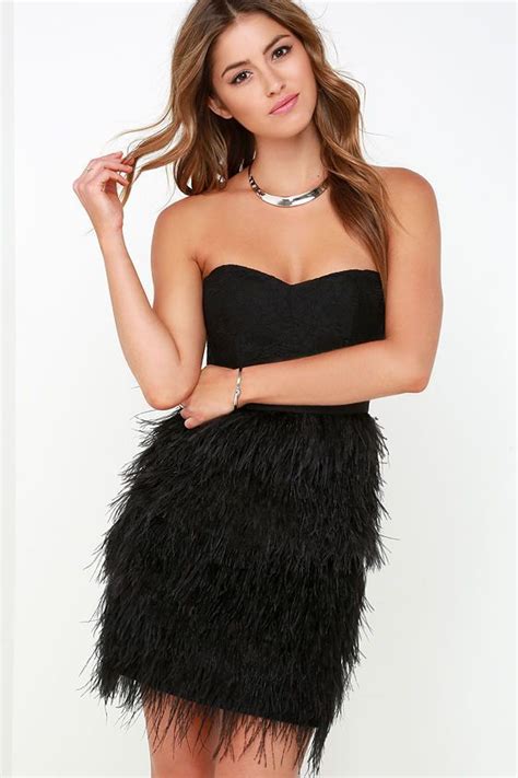 Flight Feathers Black Strapless Feather Dress | Feather dress, Black sweetheart dress, Black ...