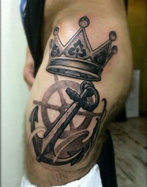 Harsh black-and-white anchor and crown tattoo on thigh | Tattoos, Thigh ...