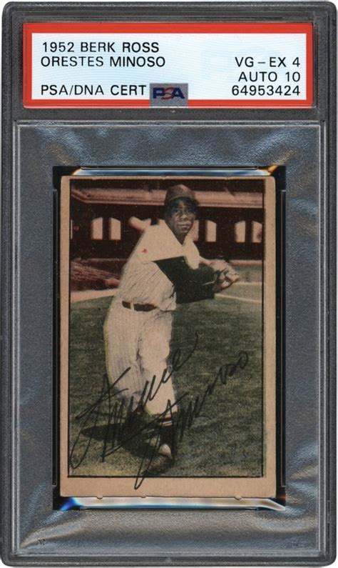 Signed 1952 Berk Ross Minnie Minoso Rookie Card PSA VG-EX 4 Auto 10 (Pop 1 One Higher)