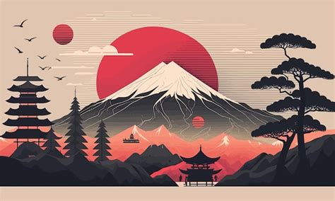 Premium Vector | Japan flat landscape illustration japanese mountain minimalistic old style ...