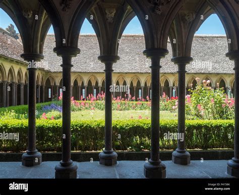 Garden and cloister of the Mont Saint-Michel abbey Stock Photo - Alamy