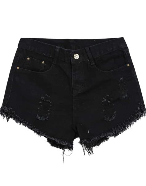 Black Vintage Ripped Fringe Denim Shorts -SheIn(Sheinside)