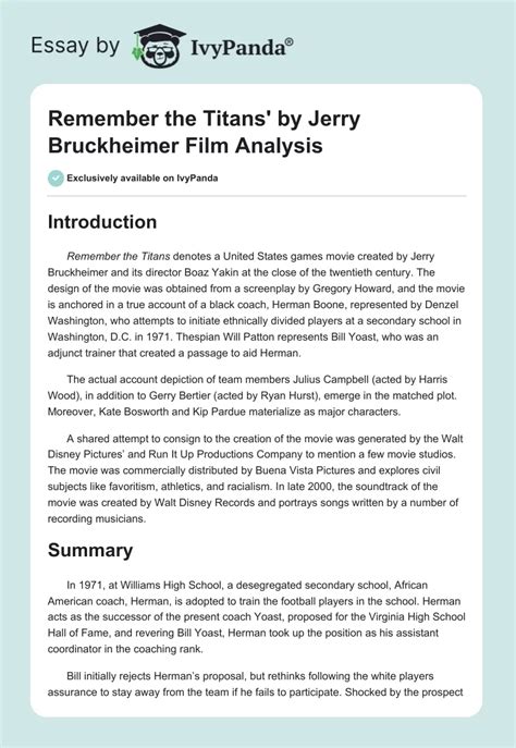 Remember the Titans' by Jerry Bruckheimer Film Analysis - 867 Words | Essay Example