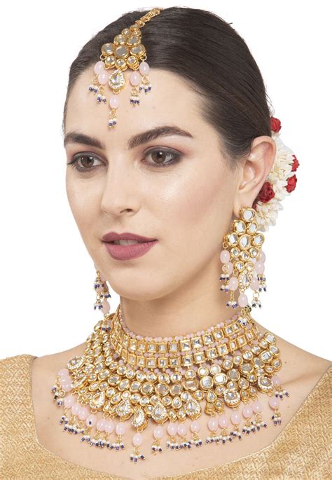 Alloy Based Necklace in Off White and Baby Pink This Set is Adorned with Kundan and Beads ...