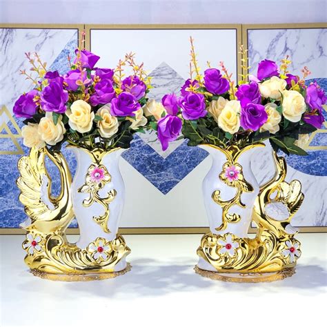 European Style Ceramic Golden Swan Flower Vase Maison Living Room Creative Dining Table White ...