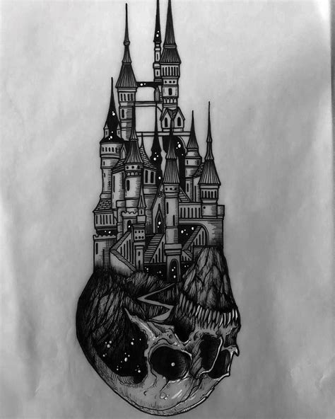 Skull and castle, AVAILABLE to tattoo. Email me me*****@***** #tattooflash #tattoodesign # ...