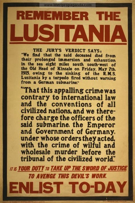 A propaganda poster of the Lusitania. The sinking of the Lusitania made a perfect idea for ...