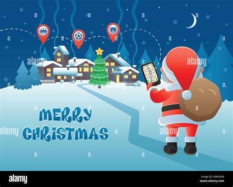 Merry Christmas. Cute Santa Claus with GPS navigation and map pointer icons on a winter village ...