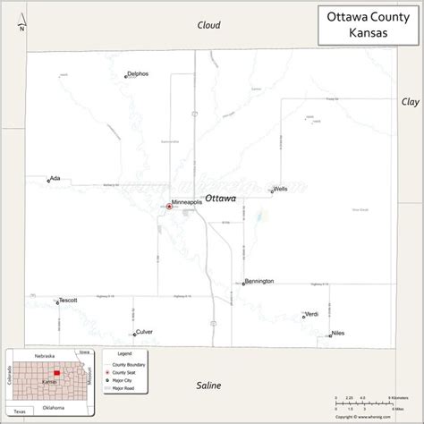 Map of Ottawa County, Kansas showing cities, highways & important ...