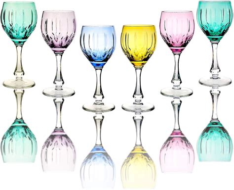 Neman TM6874/MC, 10 Oz Handmade Crystal Cut Wine Glasses, Multi-Colored Stemmed Glassware, Set ...