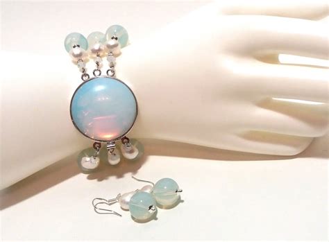 Opalite Jewelry Set Bracelet and Earrings/opalite and Pearls - Etsy