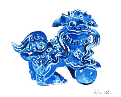 Chinese Foo Dog - Fu Guardian Lion Blue Ceramic Chinoiserie Painting by Laura Row - Pixels