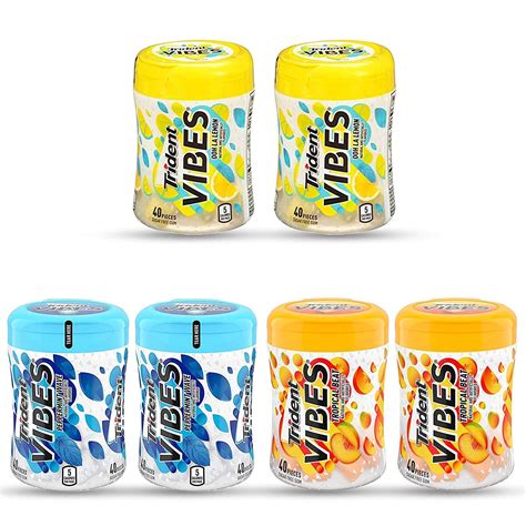 Trident Vibes 3 Flavors Variety Pack Lemon, Tropical, Peppermint, Sugar Free Gum 6 Bottles of 40 ...