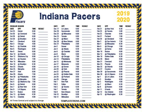 Printable 2019-2020 Indiana Pacers Schedule