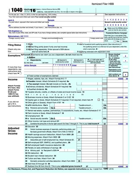 Form 1040 - U.s. Individual Income Tax Return - 2016 printable pdf download