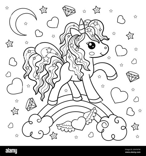 Cute cartoon unicorn. Black and white linear drawing. Vector Stock ...