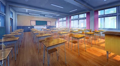 High school classroom in the daytime, Anime background, 2D illustration ...