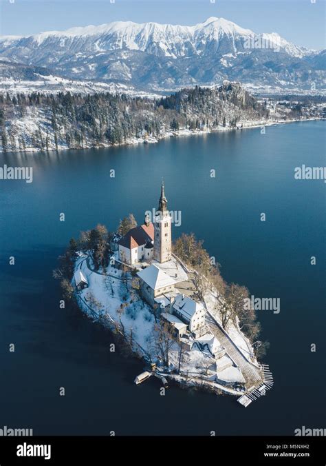 Panoramic aerial view of famous Bled Island (Blejski otok) at scenic ...