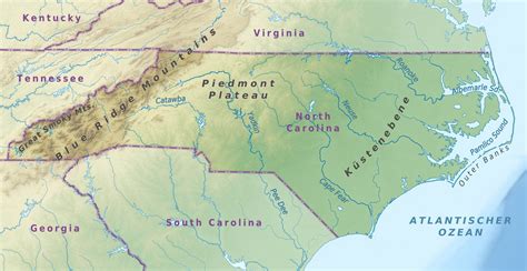 Map of North Carolina (Topographic Map, German) : Worldofmaps.net - online Maps and Travel ...