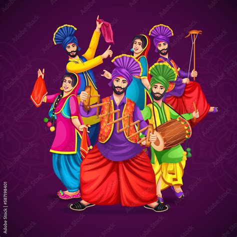 The group of modern Bhangra dancers. Fun character celebrate ...