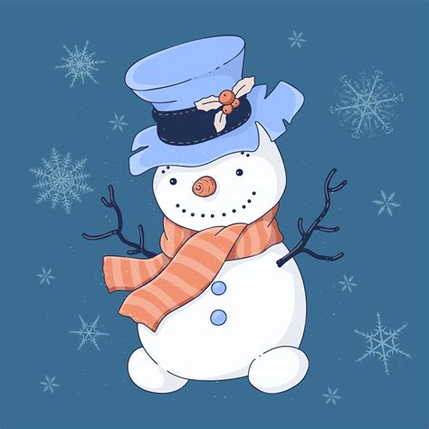 Christmas card cute cartoon snowman in top hat and scarf 690335 Vector Art at Vecteezy