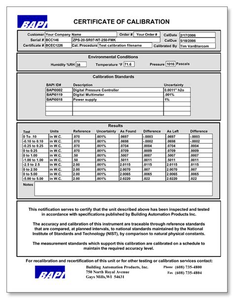 Pressure Calibration Certificate - BAPI