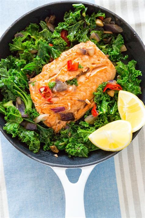 One-Pan Curly Kale With Salmon And Chilli | Seafood recipes, Healthy ...