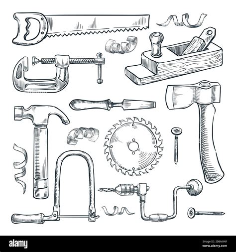 Woodwork and carpentry tools set. Carpenter workshop craft equipment, vector hand drawn sketch ...