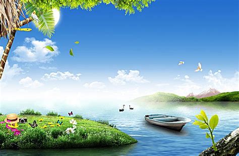 The Natural Beauty Of The River Ship Green Grass Background Printing | Scenery pictures ...