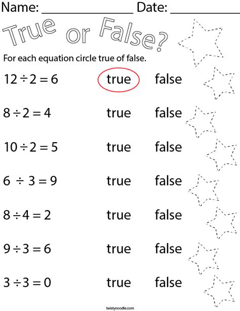 True or False Division Equations Math Worksheet - Twisty Noodle