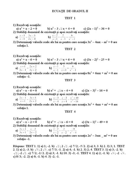 Ecuatii de Gradul II Test 1 2016 X | PDF