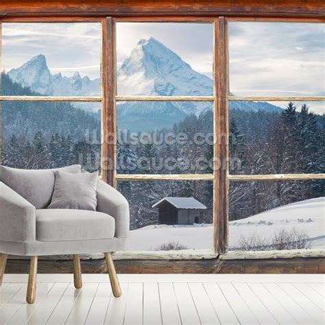 Snowy Mountain Window View Wallpaper | Wallsauce UK