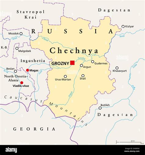 Chechnya, political map, with capital Grozny and borders. Chechen ...