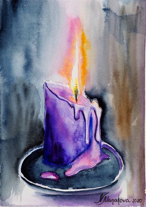 Candle original watercolor painting , small painting burning candle art ...