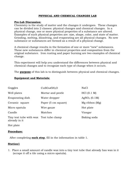 PHYSICAL AND CHEMICAL CHANGES LAB