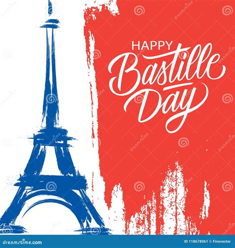 Happy Bastille Day, 14th of July Brush Stroke Holiday Greeting Card in Colors of the National ...