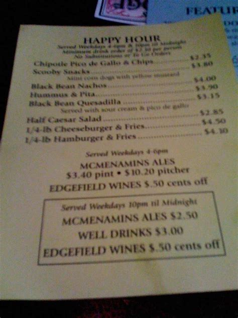 Menu at McMenamins Olympic Club, Centralia