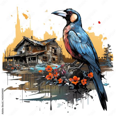 A toucan flower t-shirt design in a post-apocalyptic world, the toucan ...