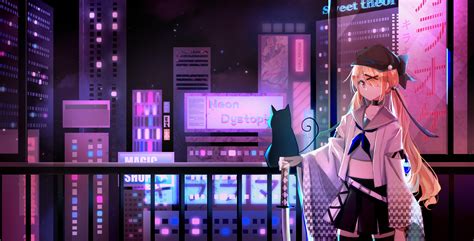 Wallpaper : anime girls, blonde, black cats, fence, night, city, neon 1920x980 - Psychofruit ...