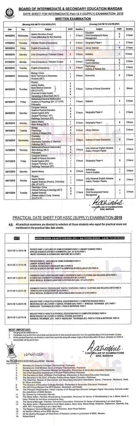 BISE Mardan Board 12th Class Date Sheet 2024