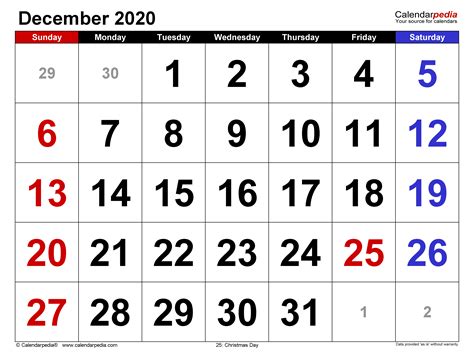 December 2020 Calendar | Templates for Word, Excel and PDF