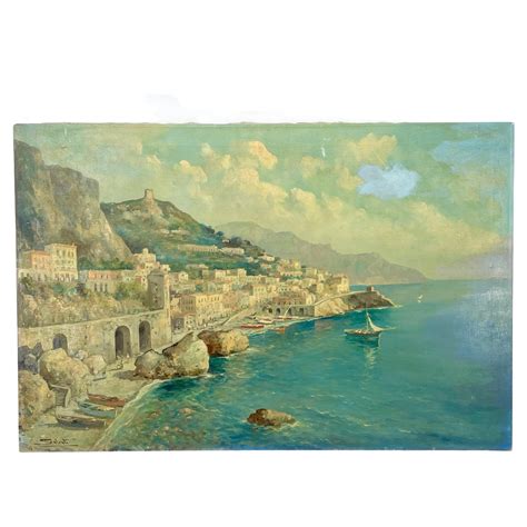 Signed Italian Oil Painting of Coastal City Scene With Boats Mid 20th ...