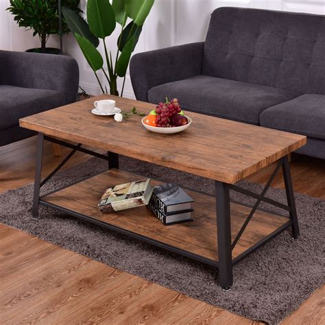 Rectangular Metal Frame Wood Coffee Table with Storage Shelf – By Choice Products