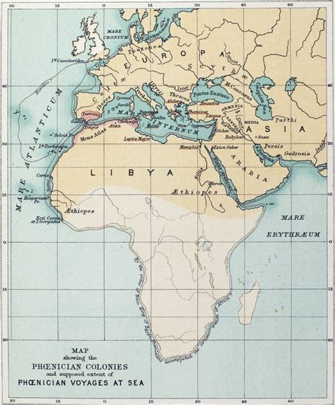 Map Phoenician Empire Nmap Of The Phoenician Colonies And Routes Of Supposed Voyages Rolled ...