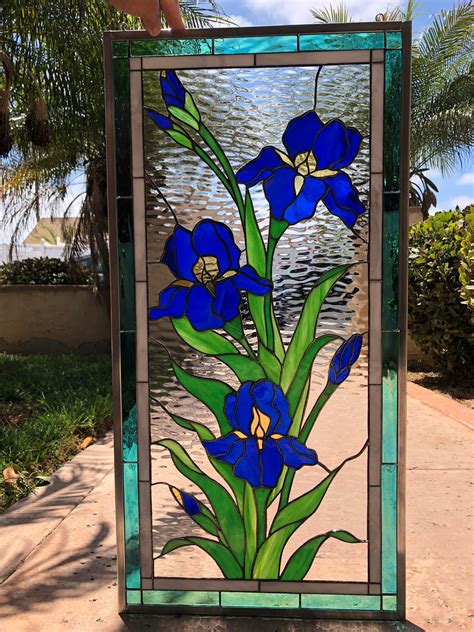 Iris Trio Leaded Stained Glass Window Panel Or Cabinet Insert (Also available insulated and pre ...