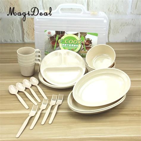 MagiDeal 24 Pieces Plastic Picnic Camping Outdoor Plastic Reusable Tableware Dishes Set for ...