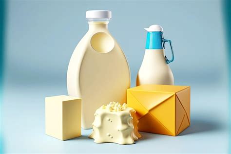 Premium Photo | Large pieces of milk cheese and cream in bottle in ...