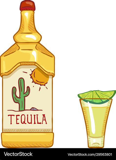 Cartoon - tequila bottle and shot with lime slice Vector Image